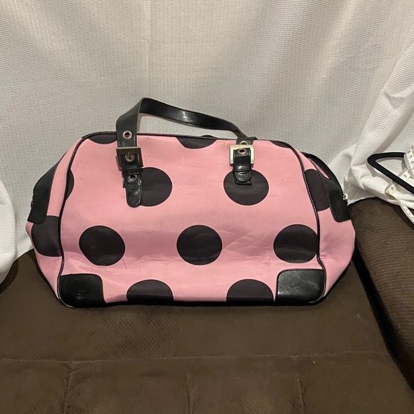 Bueno Handbags - Pink Polka Dot Women's Satchel Bag with Black Accents